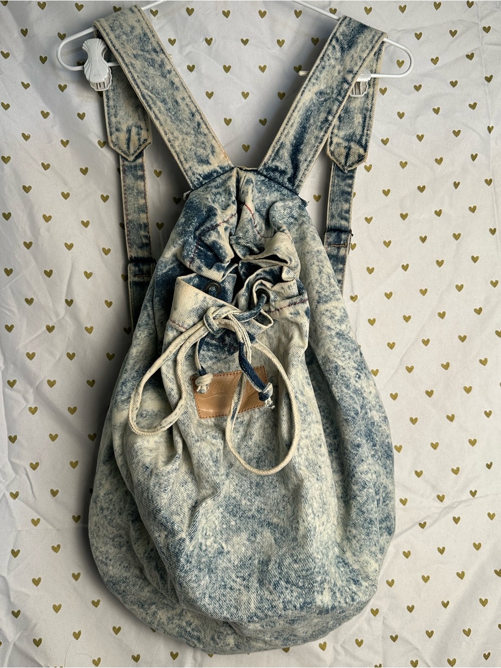 VTG 80s Coca Cola Acid Wash Denim Drawstring Backpack Bag Leather Patch